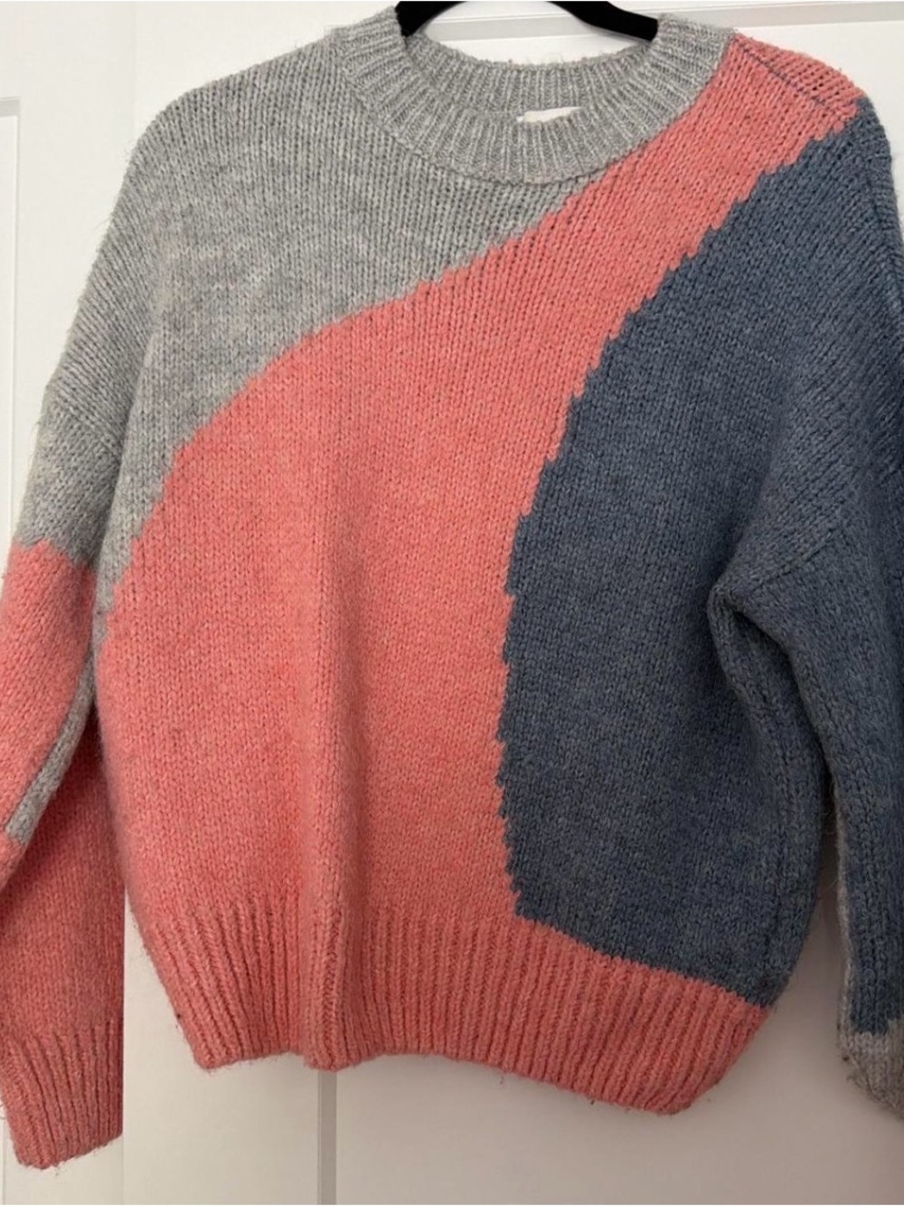 Topshop Colorblock Crewneck Sweater in Coral, Gray & Slate Blue